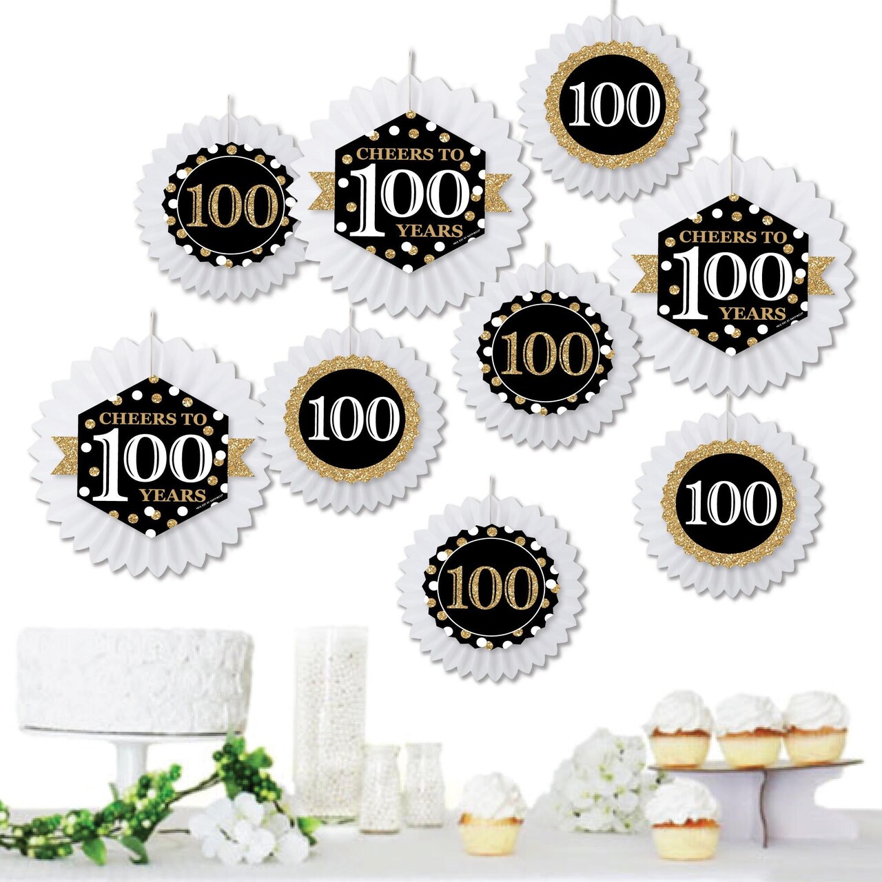 Big Dot of Happiness Adult 100th Birthday - Gold - Hanging Birthday Party Tissue Decoration Kit - Paper Fans - Set of 9